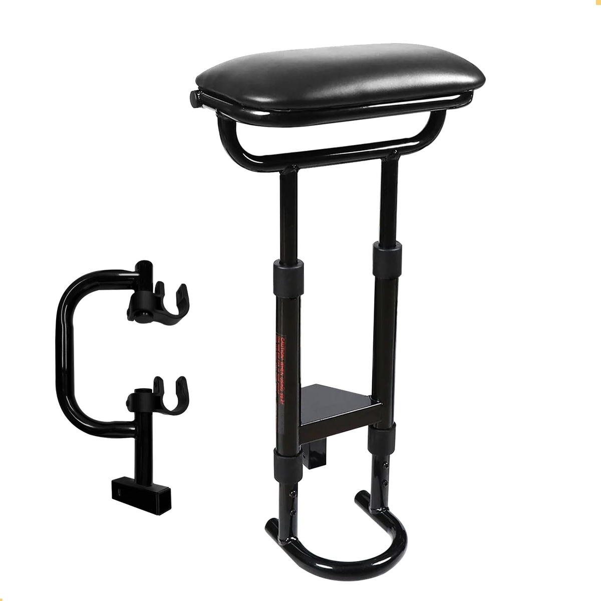 Caddytek removable seat installed on Explorer 15.3 cart offers quick rest between holes