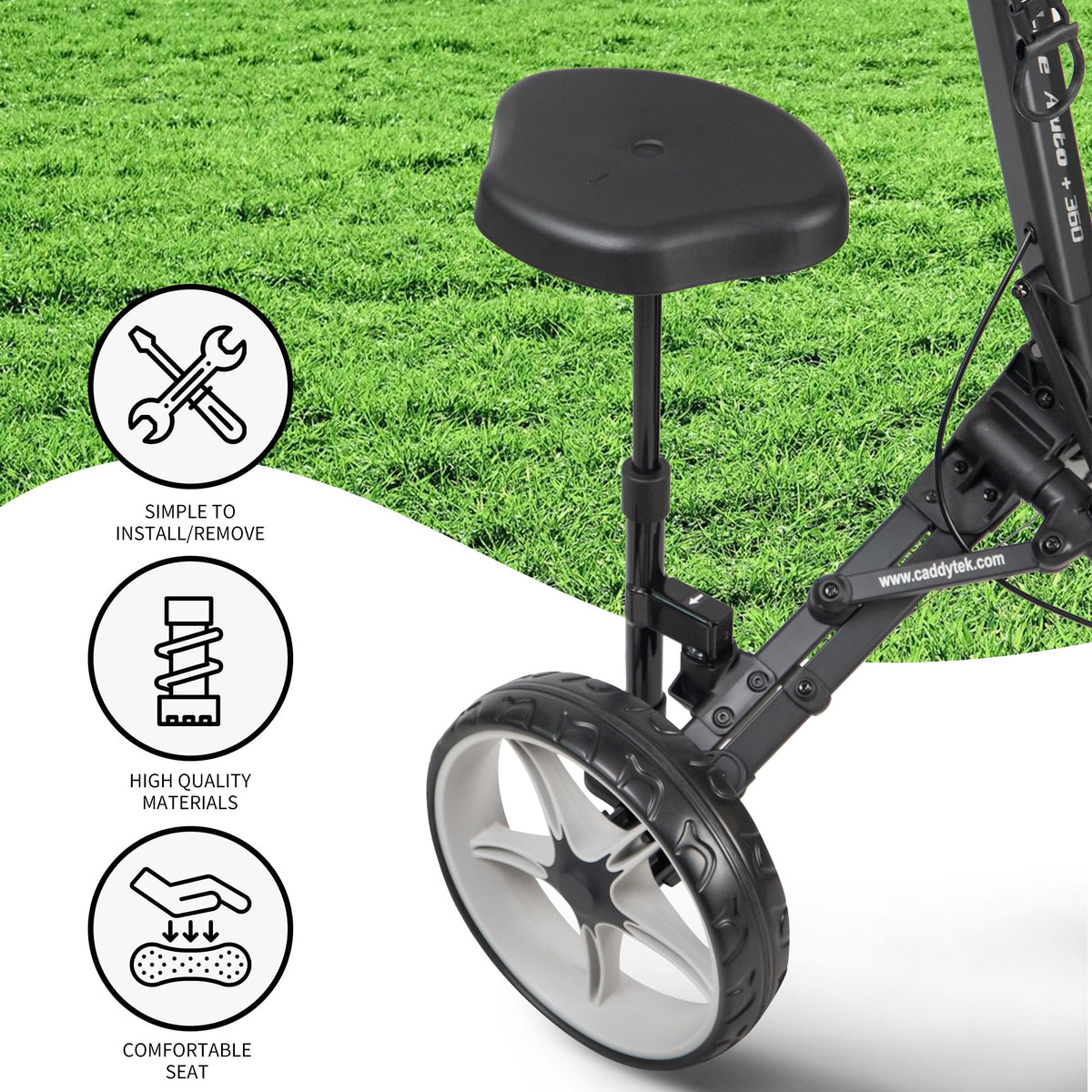 Lightweight, portable Caddytek seat that adds minimal bulk to setup