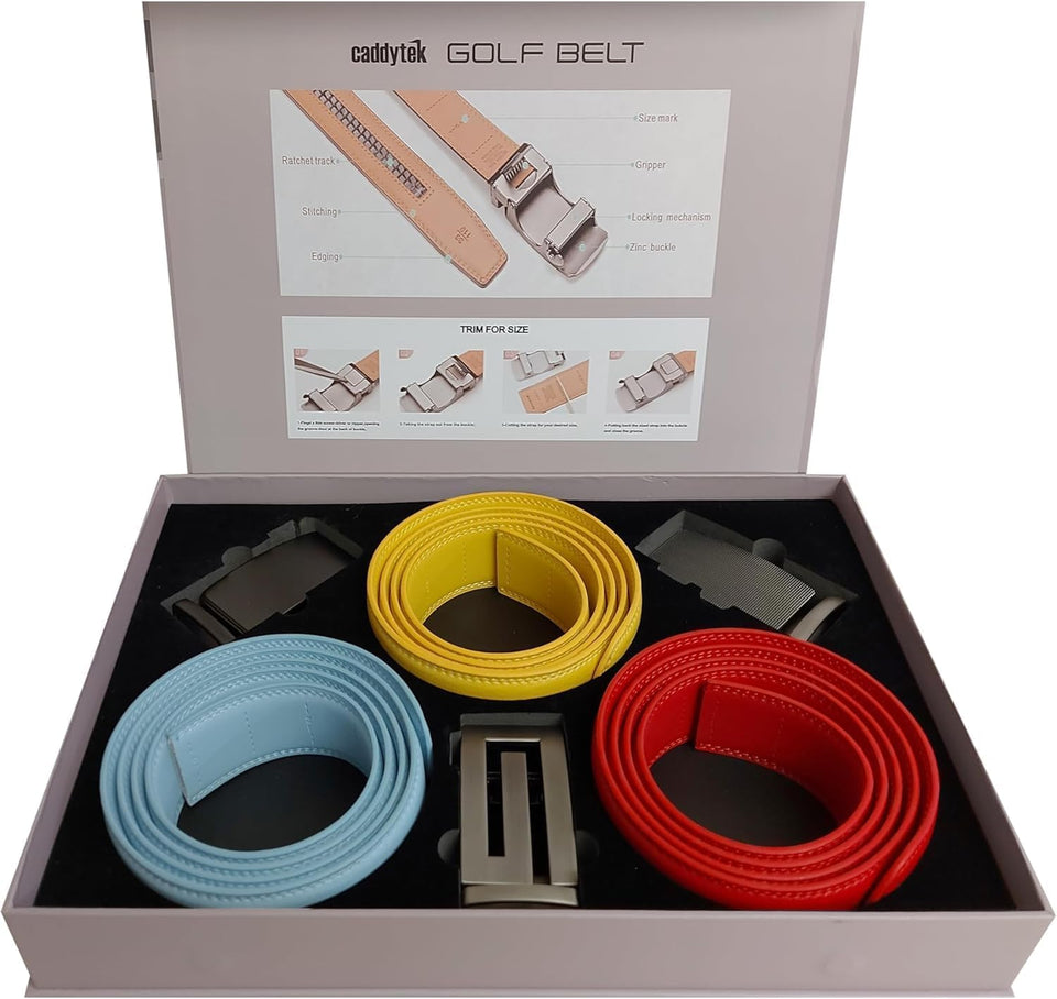 CaddyTek Shiny Edition belt set with three belts for versatile golf and daily wear.