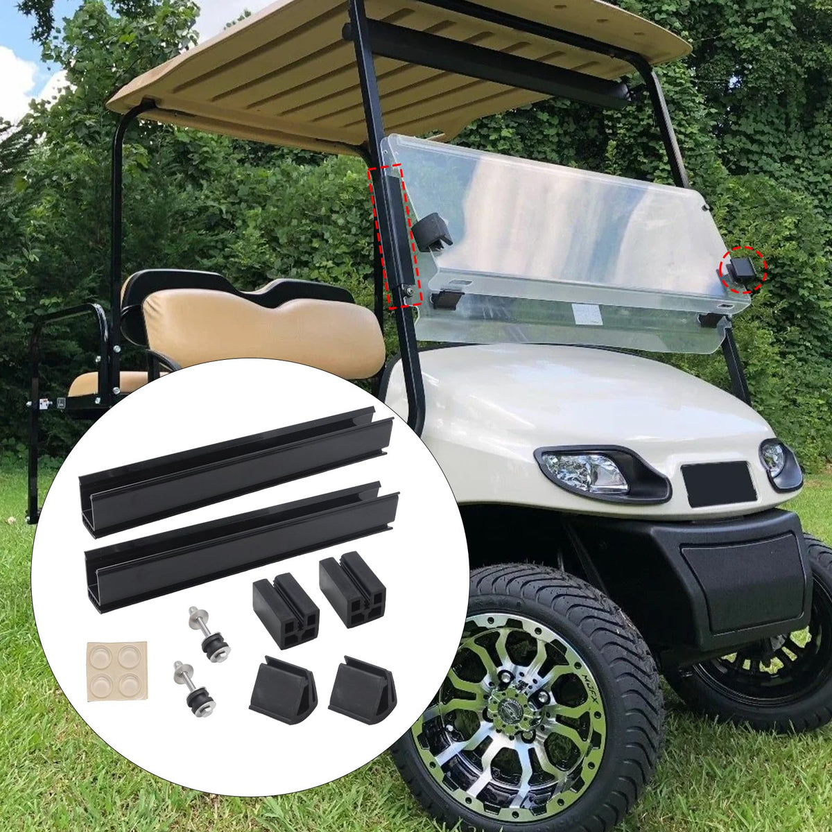 CADUFUELLY windshield mounting clamps enable quick, sturdy EZGO TXT installation.