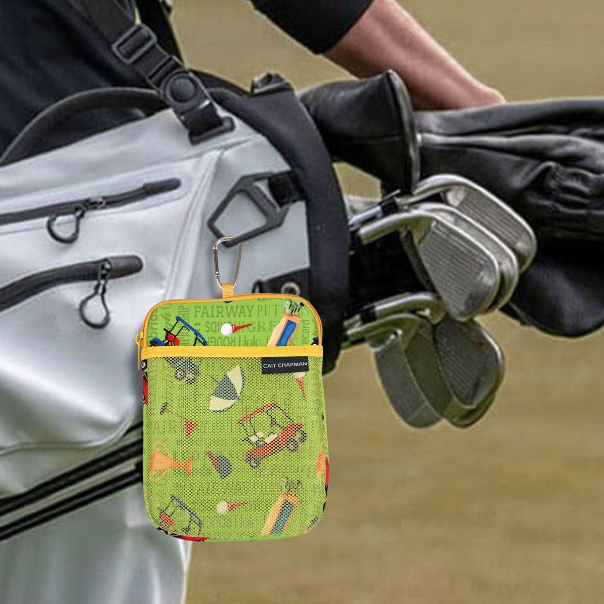 CAIT CHAPMAN HOME COLLECTION golf pouch bag colorful golf-themed design on pouch