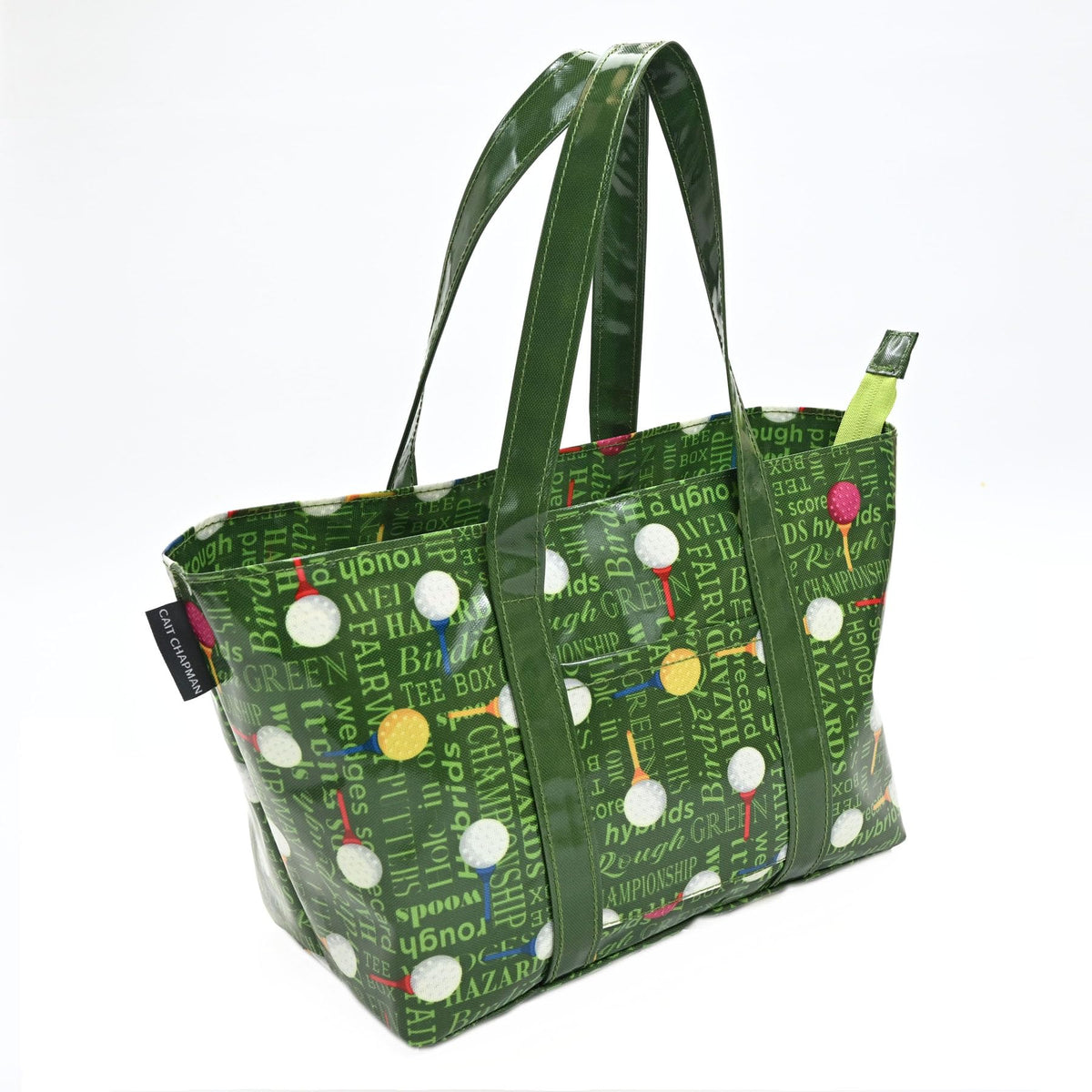 CAIT CHAPMAN HOME COLLECTION Passion for Golf hand bag tote front view shows stylish coated fabric