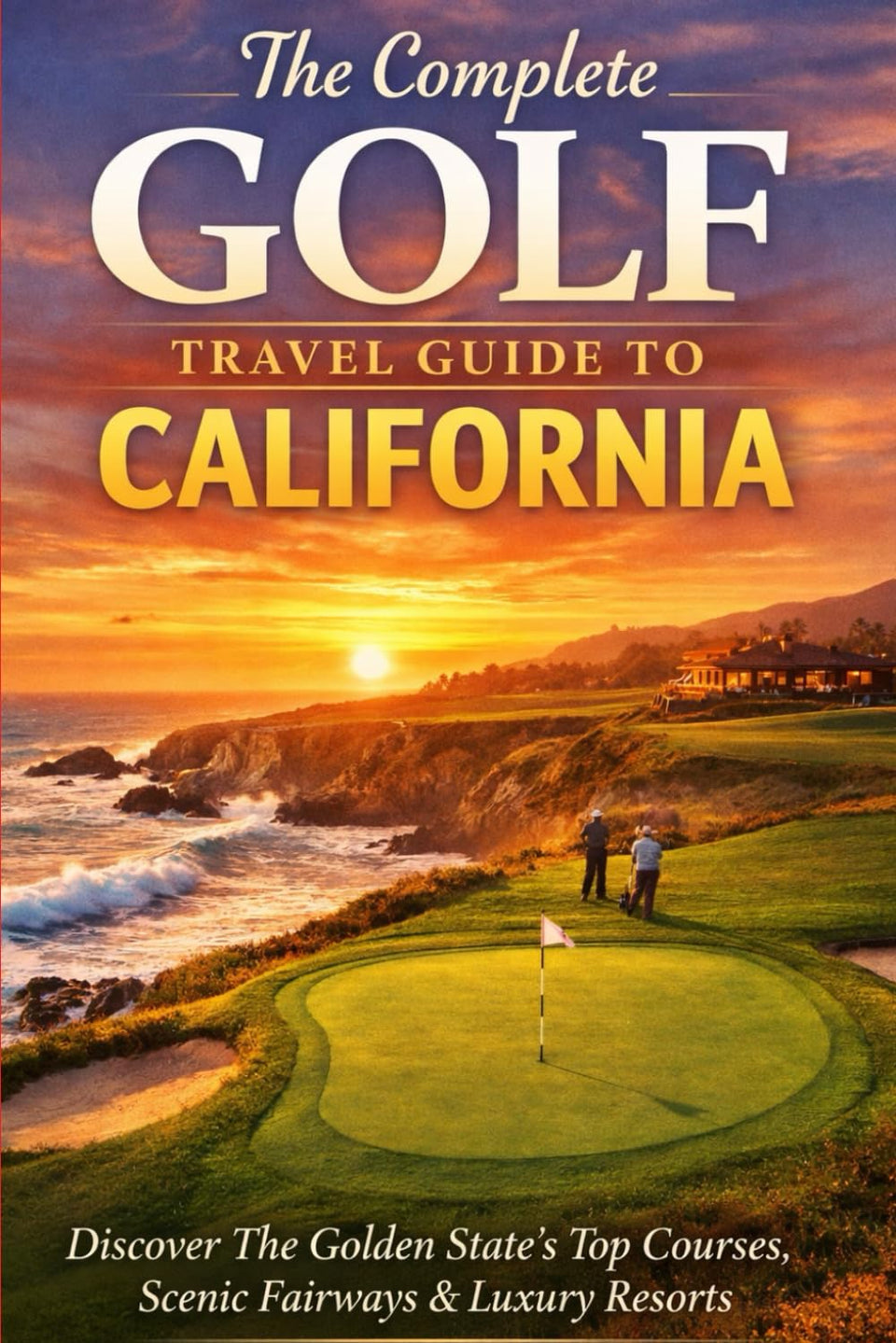 The Complete Golf Travel Guide To California cover highlighting coastal scenery for planning a dream golf trip.
