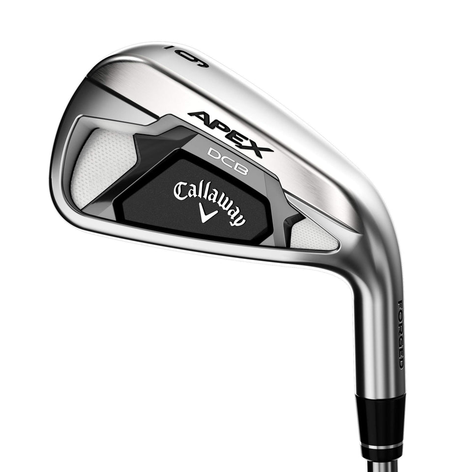 Callaway Apex DCB 9 Iron left-handed front view showing forged feel and forgiveness.