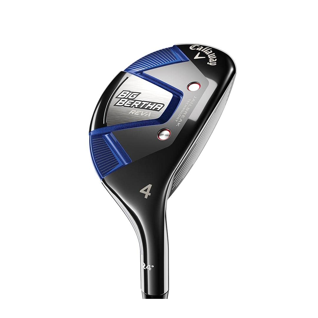 Callaway BB REVA 5 hybrid left-handed graphite in swing pose highlighting forgiveness.
