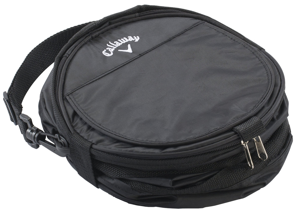 Callaway Cart Cooler hangs from push cart via adjustable strap.
