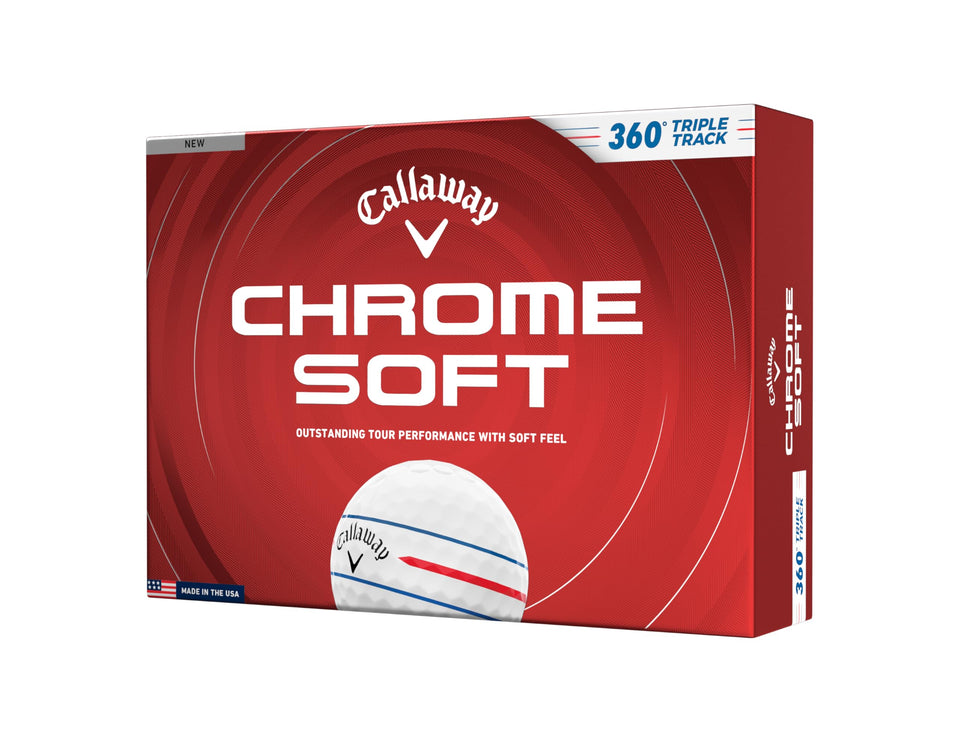 Callaway Chrome Soft 2026 ball with 360 Triple Track on yellow surface for improved alignment.