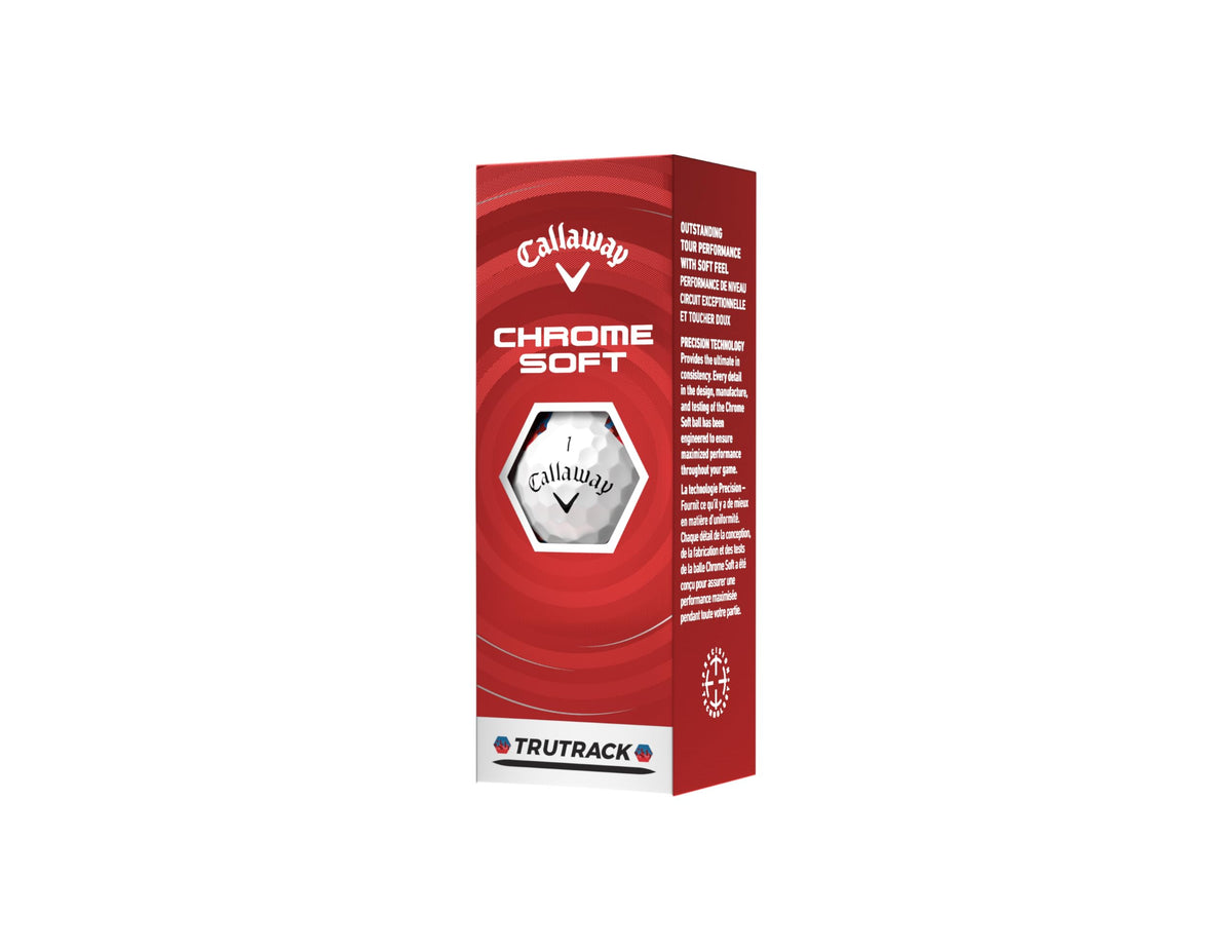 Callaway Chrome Soft 2026 ball aerial view with TruTrack lines enhances alignment reference.