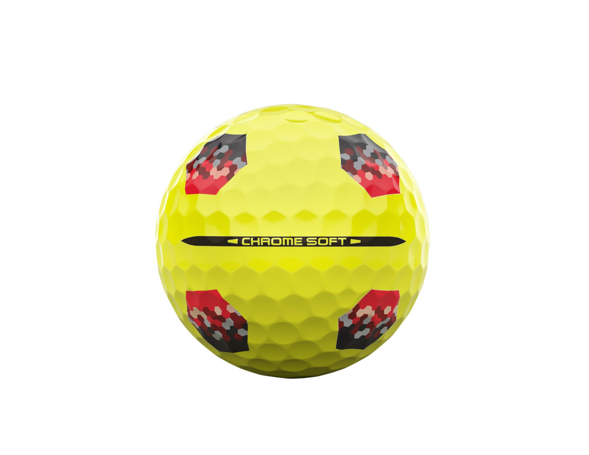 Callaway Chrome Soft 2026 Yellow Tru Track mantle closeup illustrating speed and launch potential.