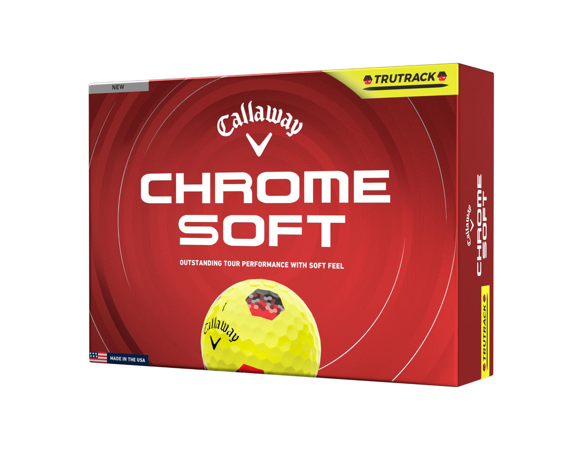 Callaway Chrome Soft 2026 Yellow Tru Track pack image showing bright color and roll feedback.