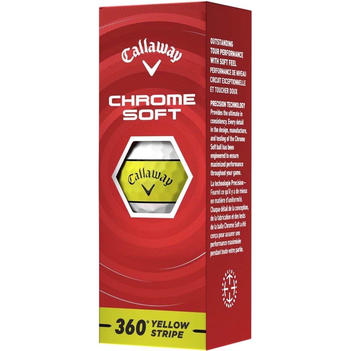 Callaway Chrome Soft 360 Stripe ball core close-up highlighting advanced mantle materials for speed.