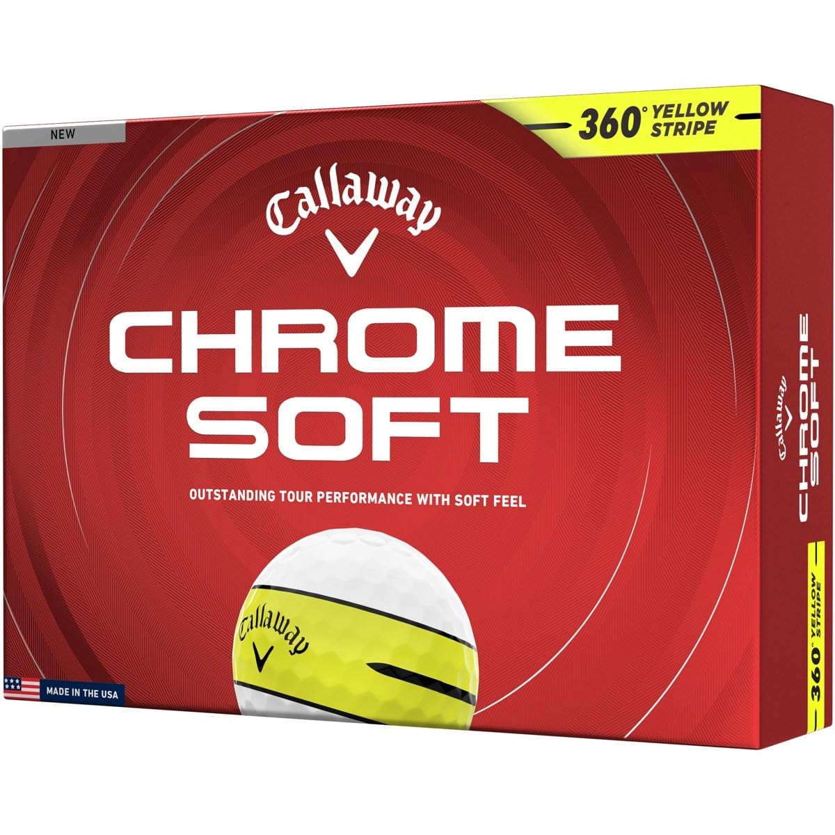 Callaway Chrome Soft 360 Stripe golf ball, white-yellow stripe, enhanced visibility for aiming.