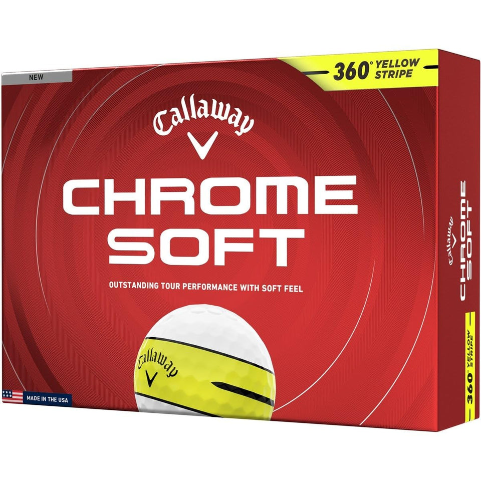 Callaway Chrome Soft 360 Stripe golf ball, white-yellow stripe, enhanced visibility for aiming.