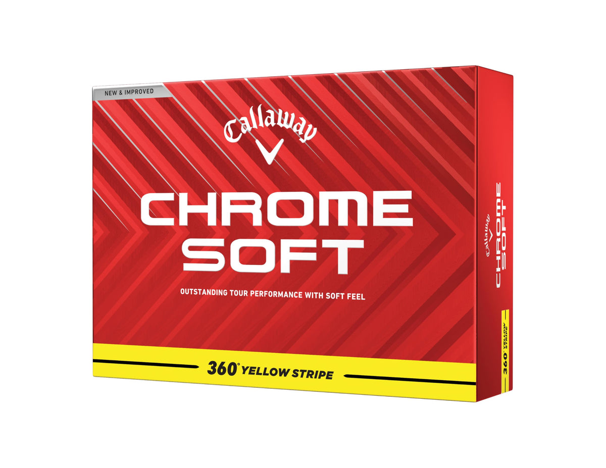 Callaway Chrome Soft 360 Stripe Yellow ball close-up highlighting fast core for speed