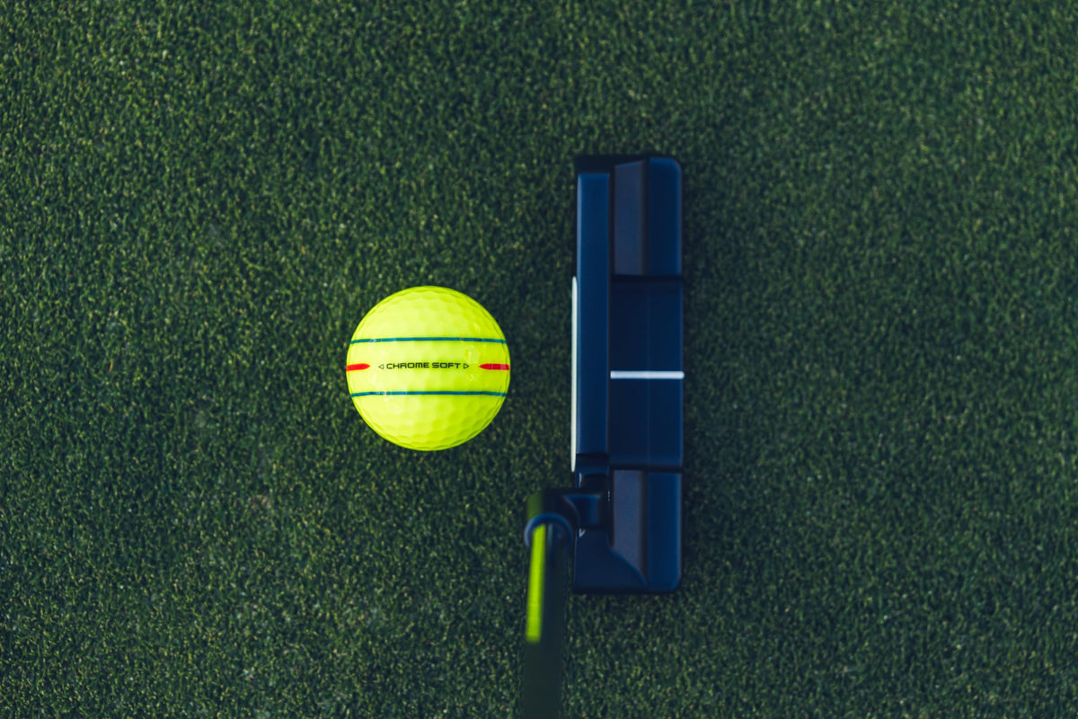 Close-up of Callaway Chrome Soft yellow ball core highlighting Hyper Fast Soft Core