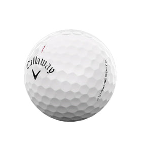 Callaway Chrome Soft 3-ball pack ball surface closeup highlights hex aero pattern for optimized carry