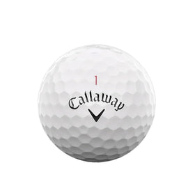 Callaway Chrome Soft 3-ball pack logo closeup emphasizes tour-grade precision and consistency on greens