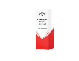 Callaway Chrome Soft practice ball close-up shows dimples and durable construction for consistent distance