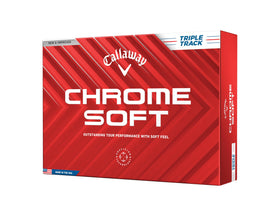 Callaway Chrome Soft Triple Track white ball close-up highlighting alignment for putts.