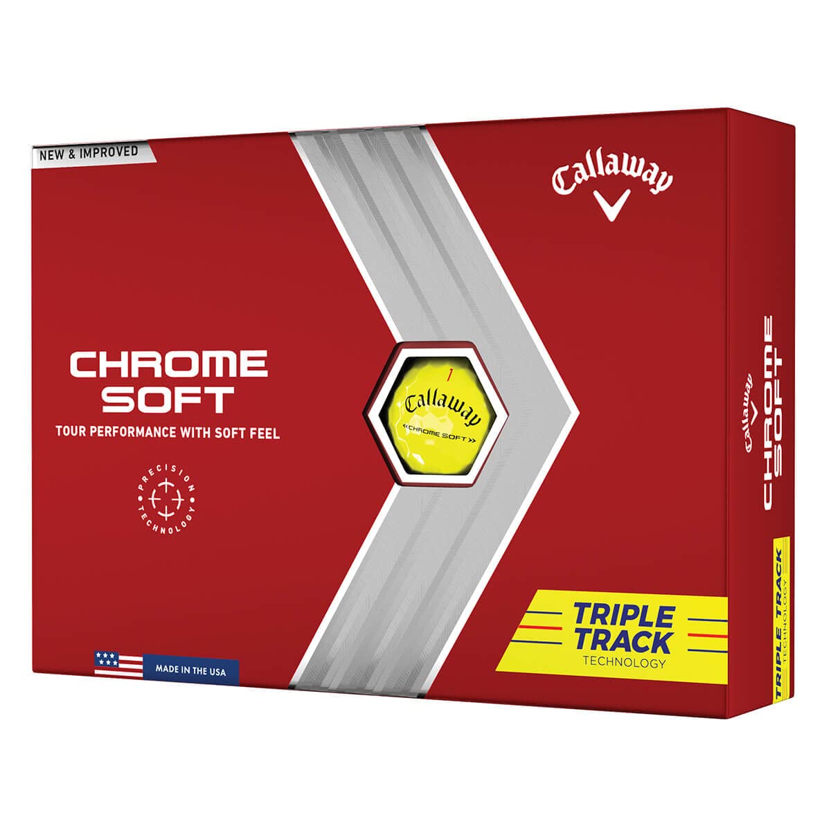 Callaway Chrome Soft Triple Track Yellow pack shot highlighting consistent distance and control.