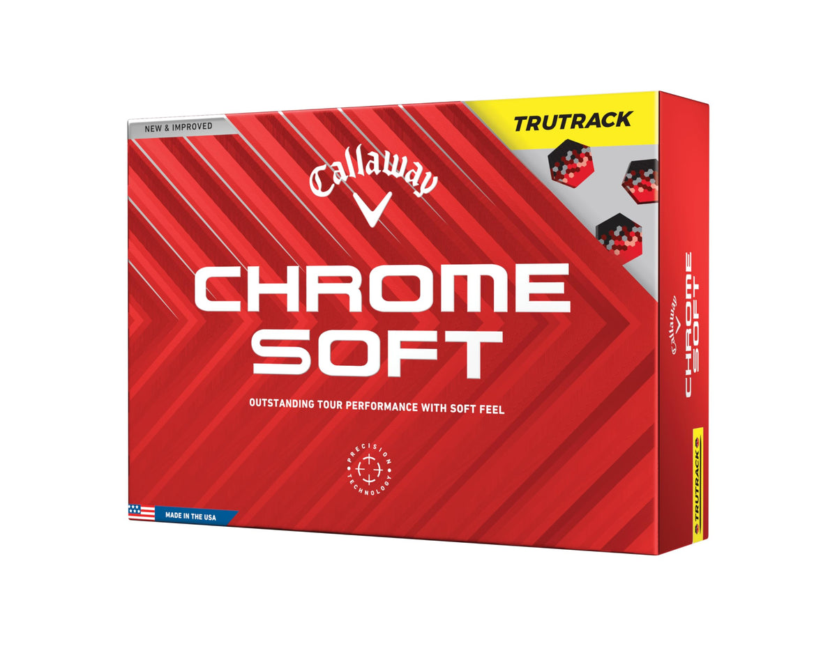 Callaway Chrome Soft True Track Yellow ball close-up showing soft feel and performance.