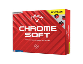 Callaway Chrome Soft True Track Yellow ball close-up showing soft feel and performance.