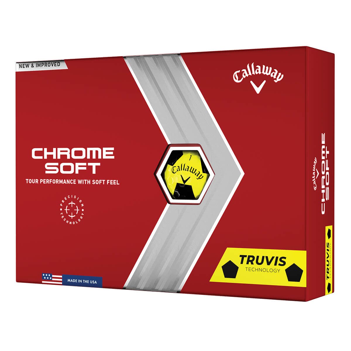 Callaway Chrome Soft Truvis yellow ball front view highlighting soft feel and distance