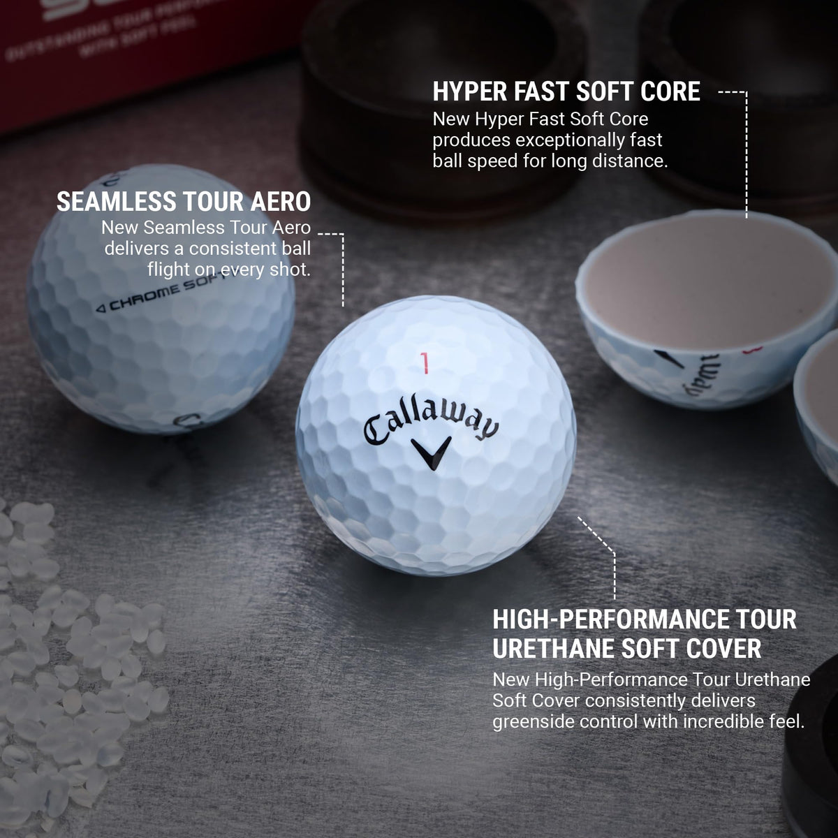 Callaway Chrome Soft ball cover texture shown for greenside control and durable feel.