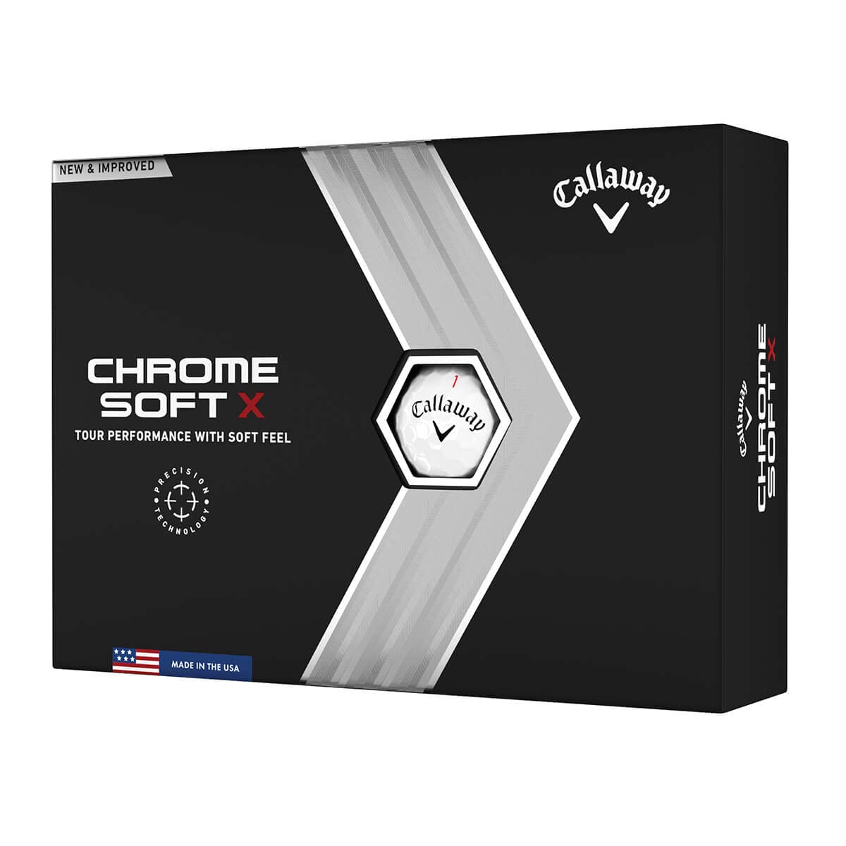 Callaway Chrome Soft X ball close-up of dimple pattern for precision and distance
