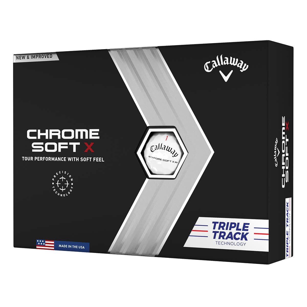 Callaway Chrome Soft X Triple Track ball on white finish for precise alignment
