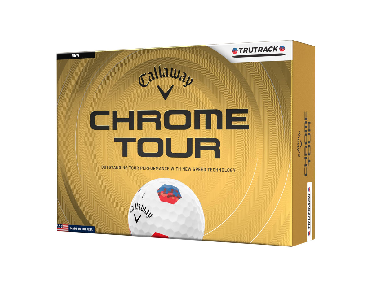 Callaway Chrome Tour 2026 ball front view highlighting TruTrack line for precise aiming and roll feedback