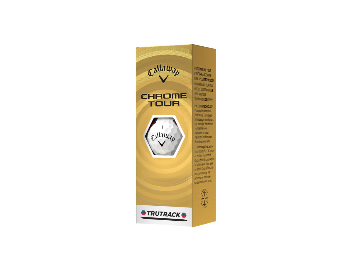 Callaway Chrome Tour 2026 ball hex-pattern close-up showing spin cues and color contrast