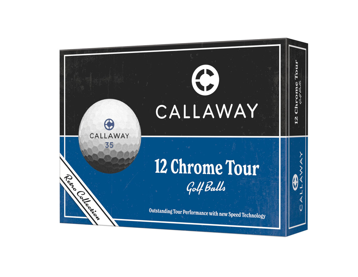 Callaway Chrome Tour 2026 retro one-dozen pack from above, highlighting premium construction and feel.