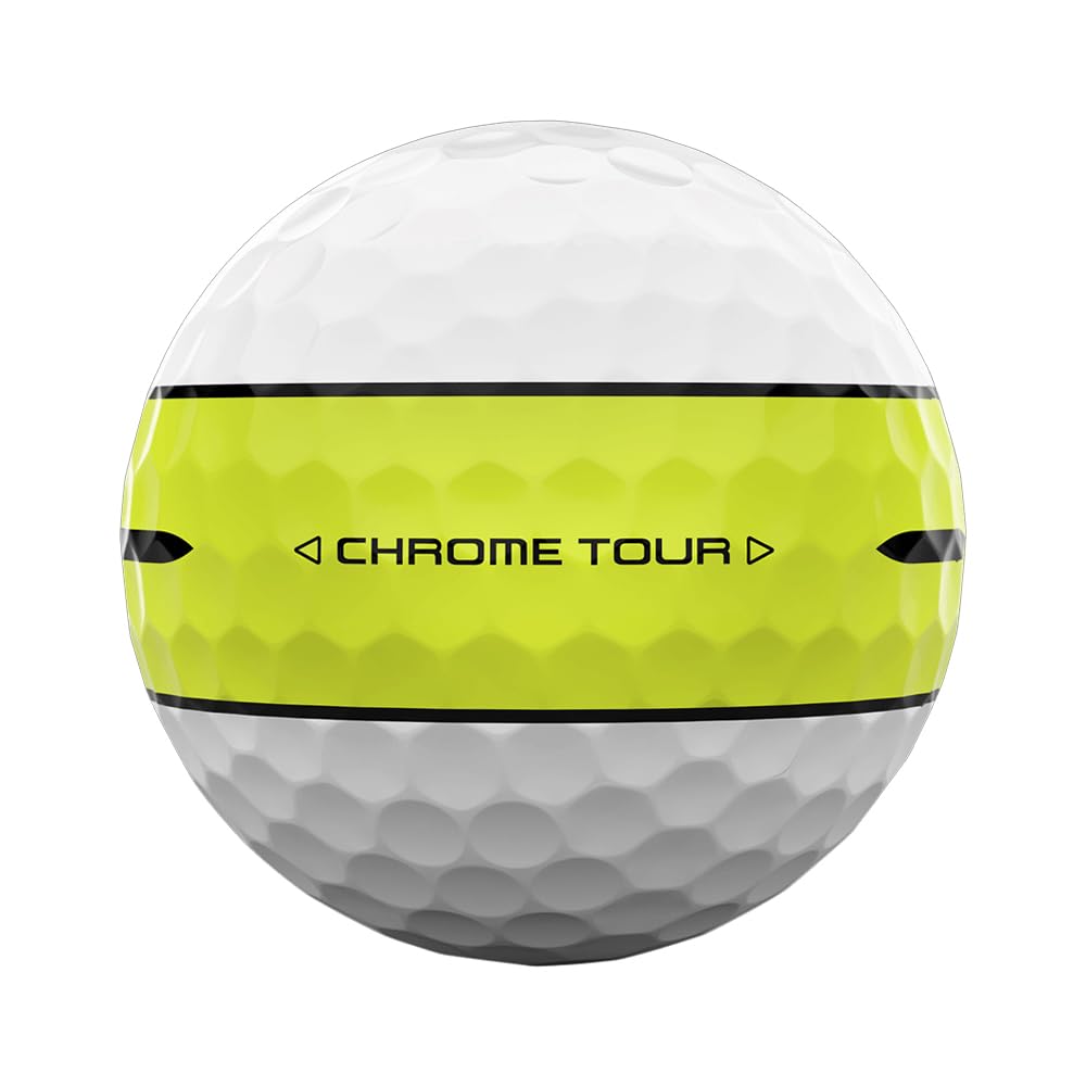 Callaway Chrome Tour 360 Stripe Yellow ball close-up, stripe detail shows visual feedback.