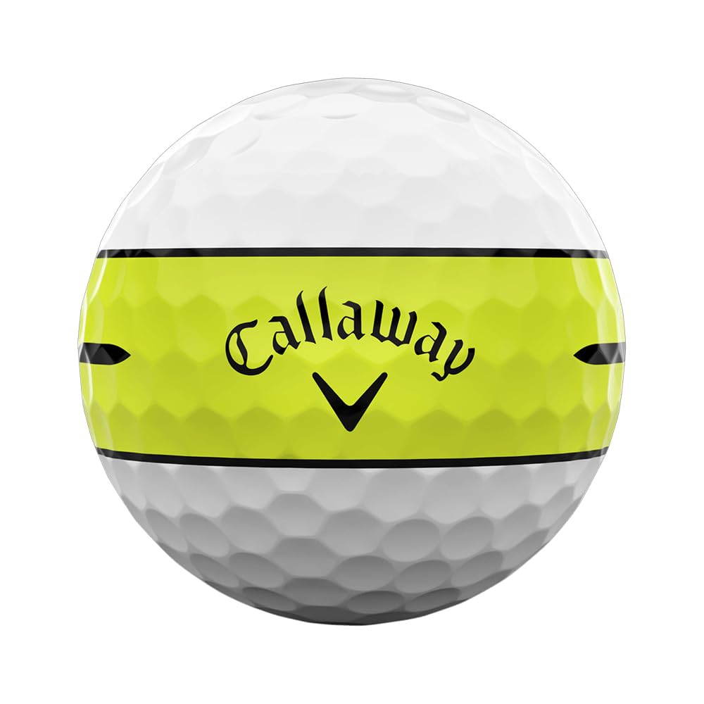 Callaway Chrome Tour 360 Stripe Yellow ball on green, clear stripe detail aids alignment.