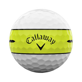 Callaway Chrome Tour 360 Stripe Yellow ball on green, clear stripe detail aids alignment.