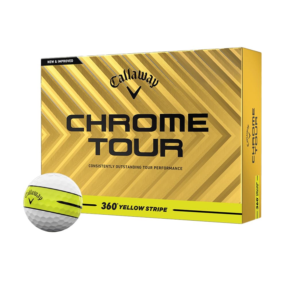 Callaway Chrome Tour 360 Stripe Yellow ball, top view, high visibility on sunny fairways.