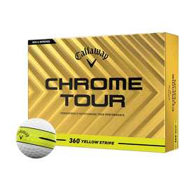 Callaway Chrome Tour 360 Stripe Yellow ball, top view, high visibility on sunny fairways.