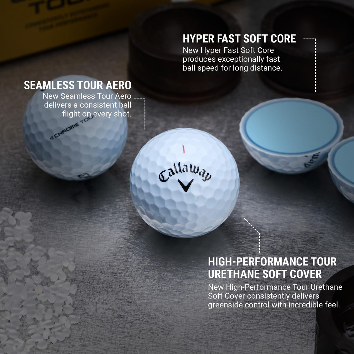 Callaway Chrome Tour ball cover delivers soft feel and greenside control.