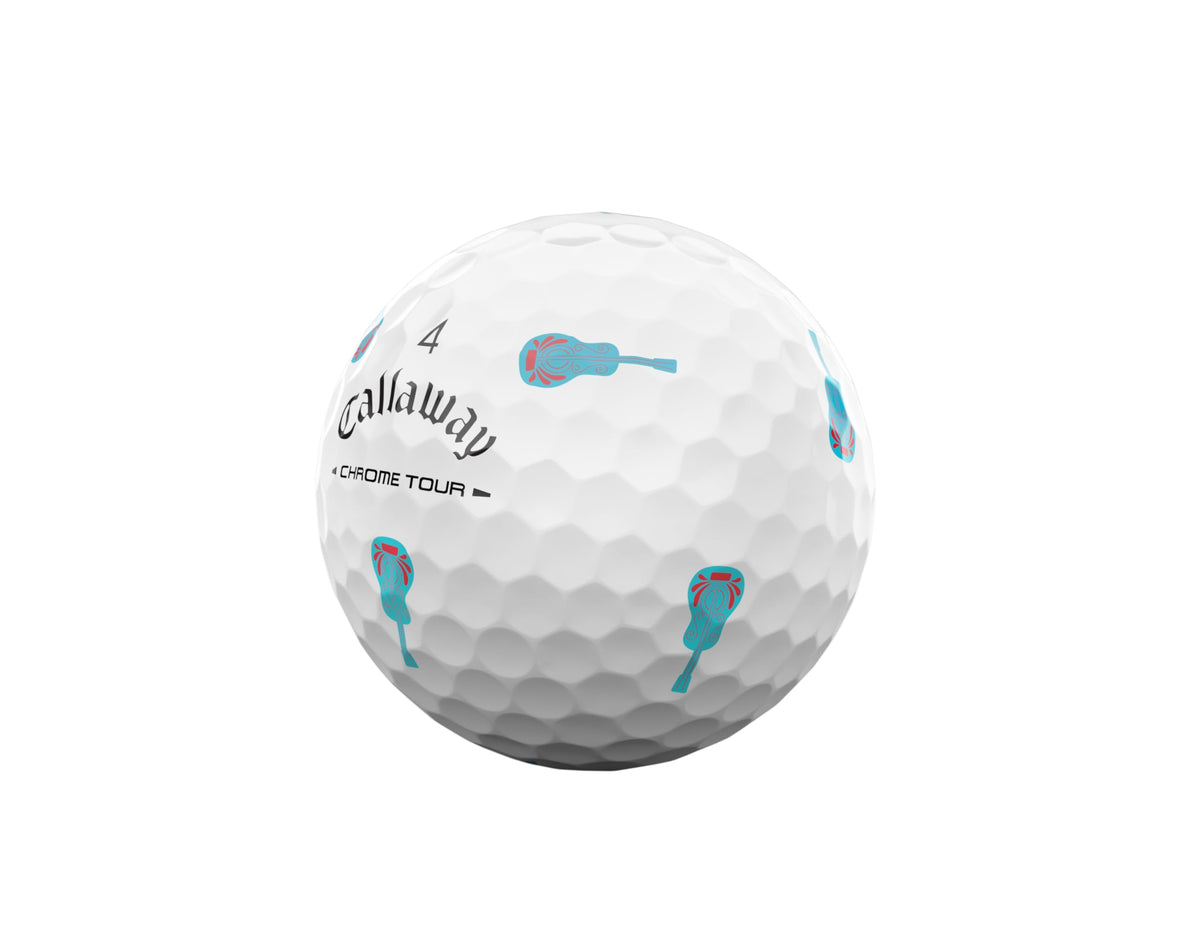 Callaway Chrome Tour Cinco de Mayo ball on tee suggesting longer distance potential.