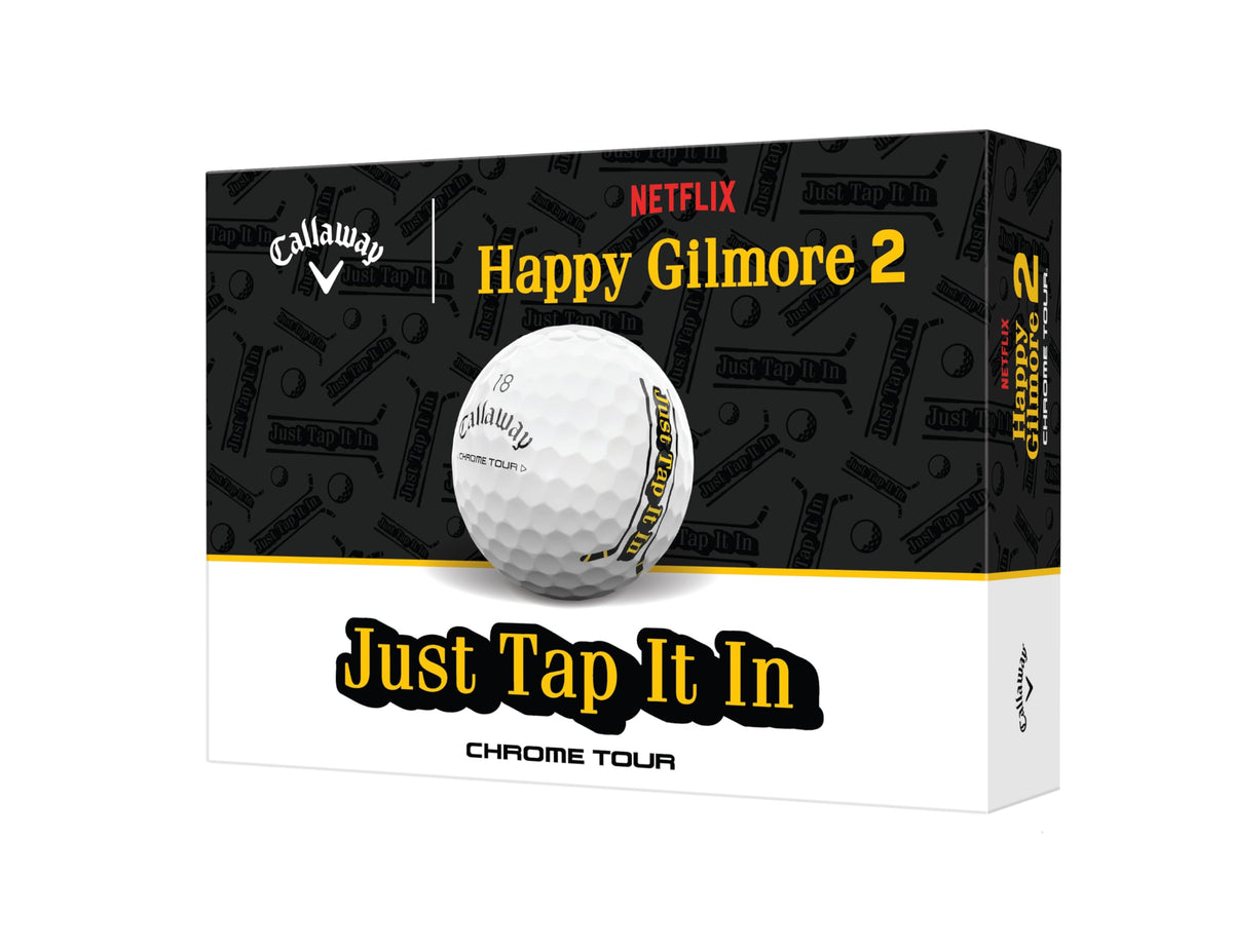 Callaway Chrome Tour Happy Gilmore ball front view with TruVis colors for on-course visibility.