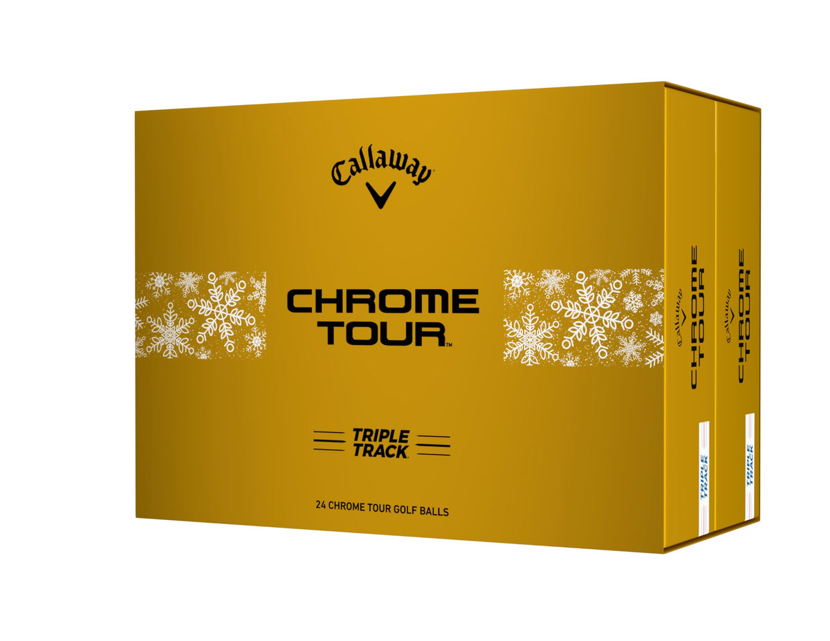 Callaway Chrome Tour Triple Track 2-dozen white balls in front-pack shot showing Triple Track alignment.