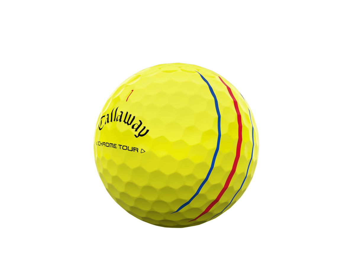 Callaway Chrome Tour yellow ball in flight with stable trajectory.