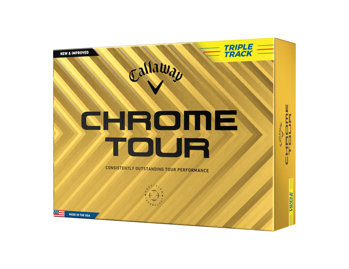 Callaway Chrome Tour yellow ball on tee offers long, consistent distance.
