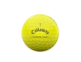 Callaway Chrome Tour yellow ball seam closeup highlights alignment lines.