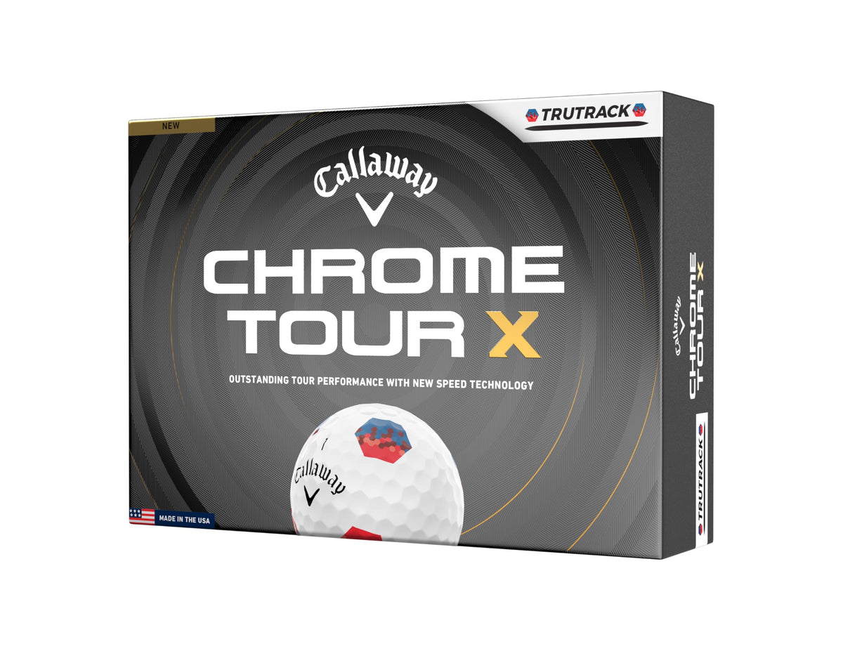Callaway Chrome Tour X 2026 ball front view with blue red TruTrack colors