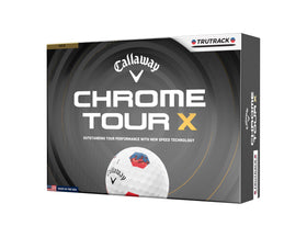Callaway Chrome Tour X 2026 ball front view with blue red TruTrack colors