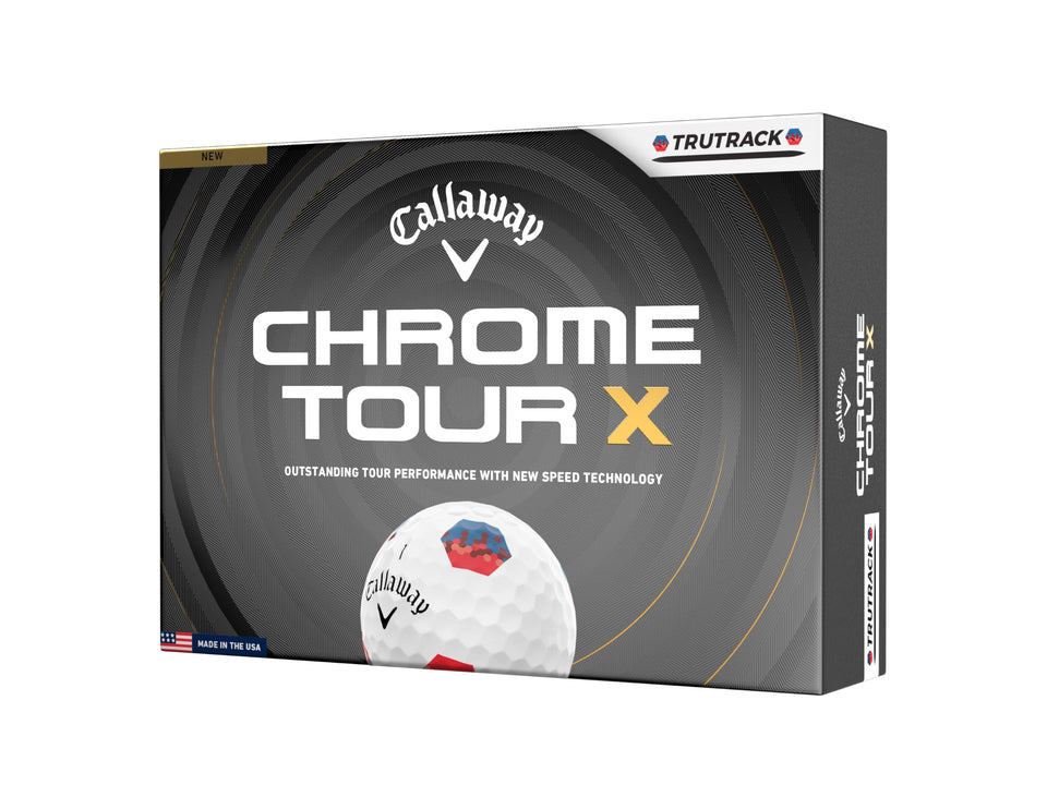 Callaway Chrome Tour X 2026 ball front view with blue red TruTrack colors
