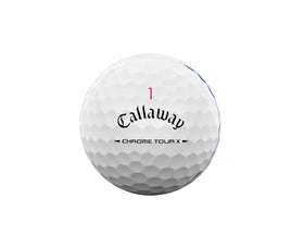Callaway Chrome Tour X 2026 ball highlighting Tour Fast Mantle for distance.