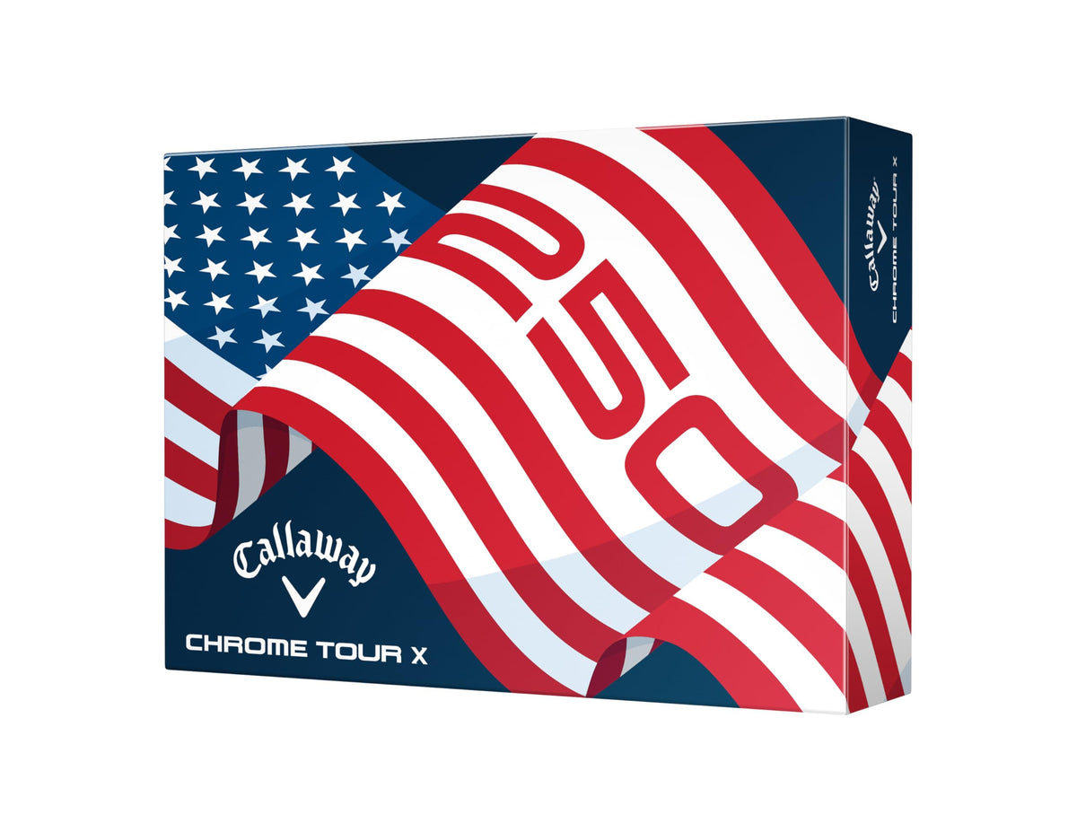 Callaway Chrome Tour X 2026 pack shot showing USA Stripe for better visibility and focus